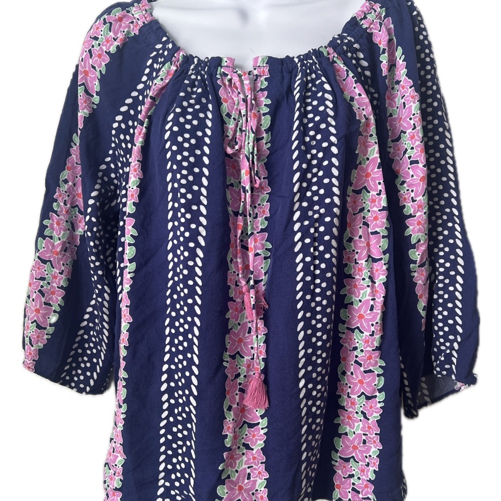 Southern Tide Floral Print Blue And Pink Women's Long Sleeve Blouse Top Size L
